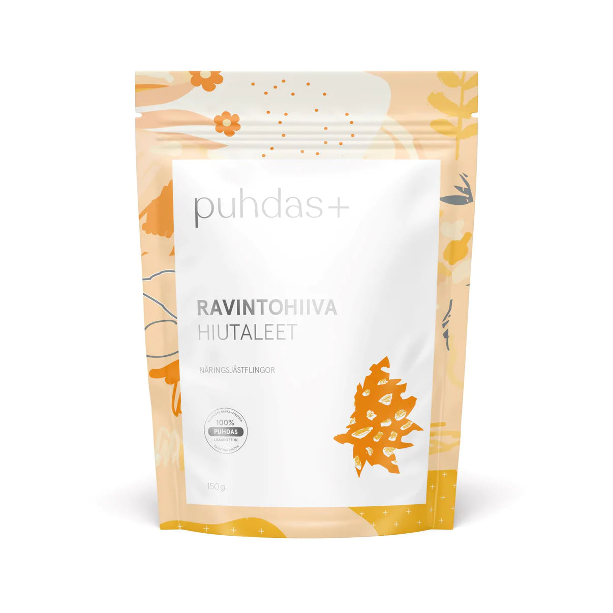Puhdas+ Ravintohiivahiutaleet -pussi; beige ja oranssi, mattapintainen ja uudelleensuljettava pehmeä pakkaus, joka seisoo pystyssä; etupuolella valkoinen suorakulmainen kenttä sekä oranssia abstraktia grafiikkaa; suomen- ja ruotsinkielinen teksti mustalla ja oranssilla tekstausvapaalla kirjasimella; kuvattu neutraalia taustaa vasten, ei ihmisiä tai muita esineitä.