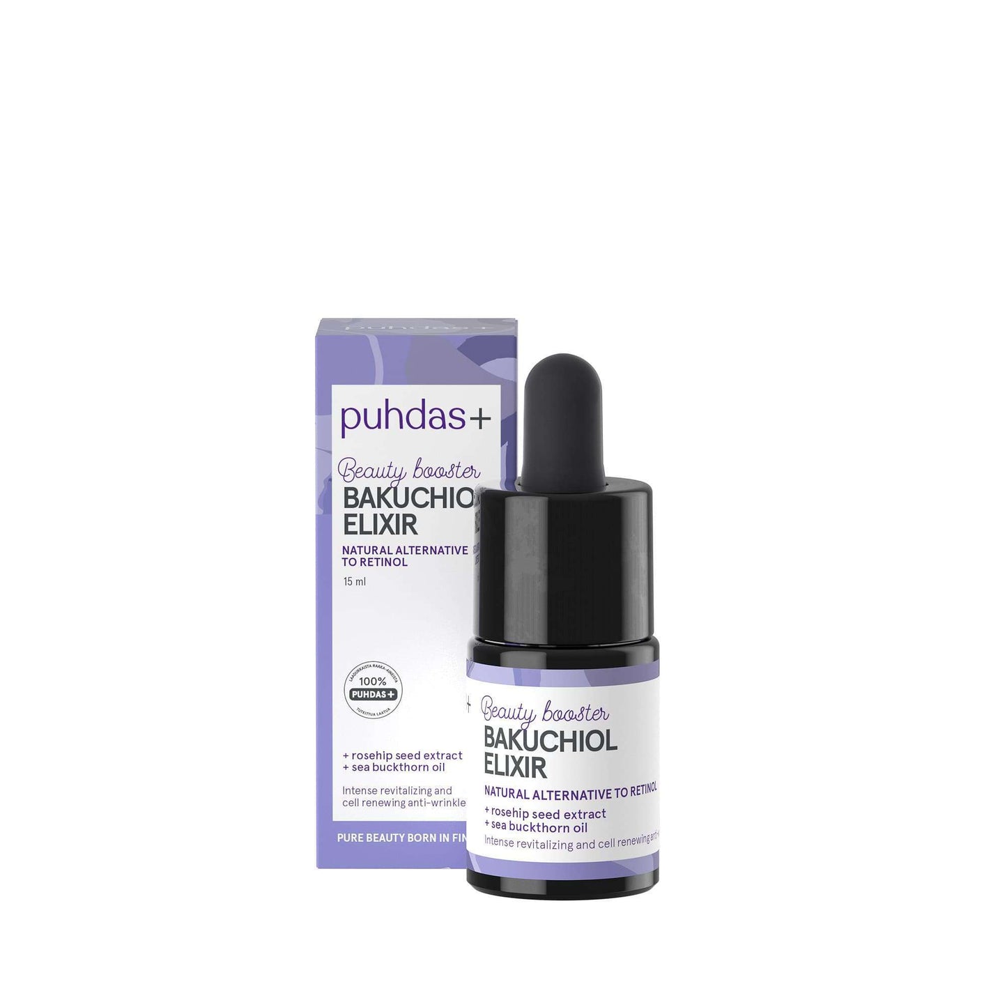 Puhdas+ Bakuchiol Beauty Booster Elixir; pieni pullo valkoisella tiputinkorkilla, edessä violetti-valkoinen mattapintainen suorakulmainen pakkaus; pullo lasia, sylinterinmuotoinen ja kirkas; molemmissa etiketeissä groteskikirjasin, joka kertoo bakukiolin toimivan luonnollisena retinolin vaihtoehtona; ei ihmisiä tai toimintaa kuvassa.
