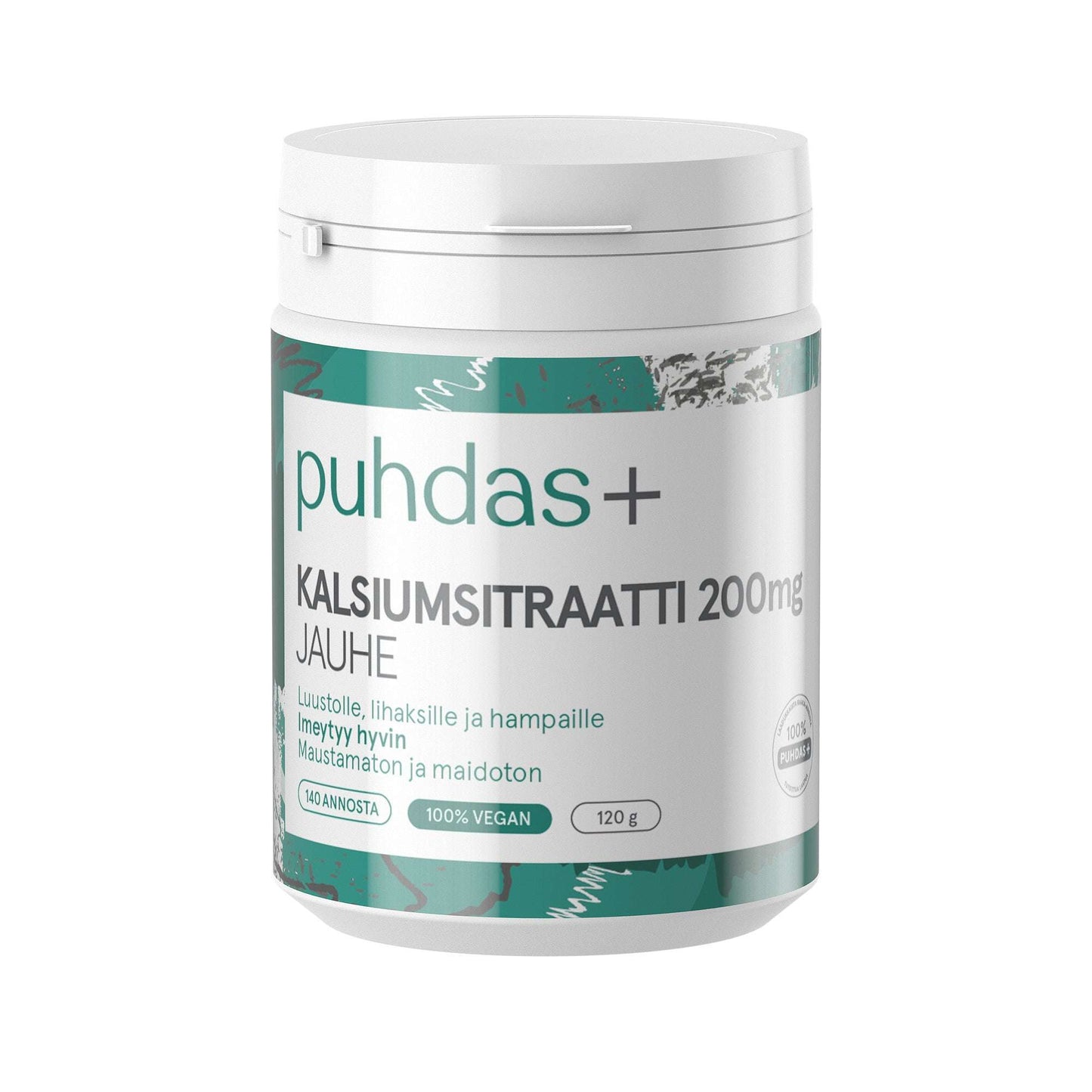 Puhdas+ Kalsiumsitraatti 200 mg Jauhe -purkki, valkoinen mattamuovi, vihreä-sinivihreä etiketti suomenkielisellä tekstillä; vegaani- ja lisäaineettomuusmerkit, 120 g, sylinterinmuotoinen kierrekorkillinen purkki