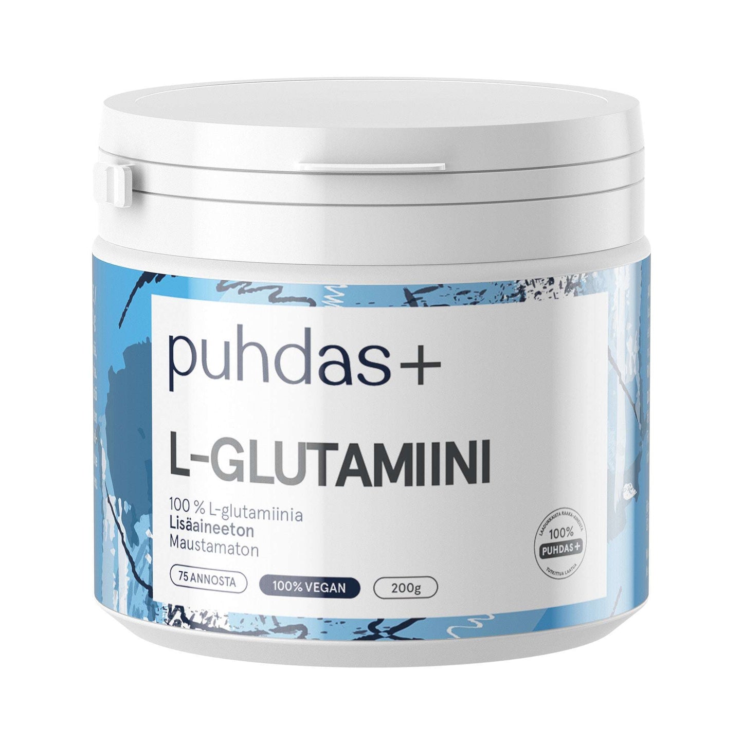 puhdas+ L-Glutamiini -purkki, valkoinen mattamuovi, sininen-harmaa abstrakti kuvio; 100 % puhdasta L-glutamiinia, 200 g, 75 annosta, täysin vegaaninen ja lisäaineeton