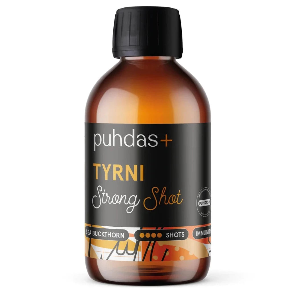 Ruskea pullo merkinnällä puhdas+ TYRNI Strong Shot mustalla korkilla. Astia on lieriömäinen mattapinnalla. Pääetiketissä on lihavoitua pääteviivatonta typografiaa ja sanat tyrni sekä immuniteetti shottibrändäyksen ohella. Etiketin alaosassa on kirkkaanoransseja ja valkoisia graafisia elementtejä. Taustaa tai ympäristöä ei näy; ihmisiä tai käsiä ei näy kuvassa.