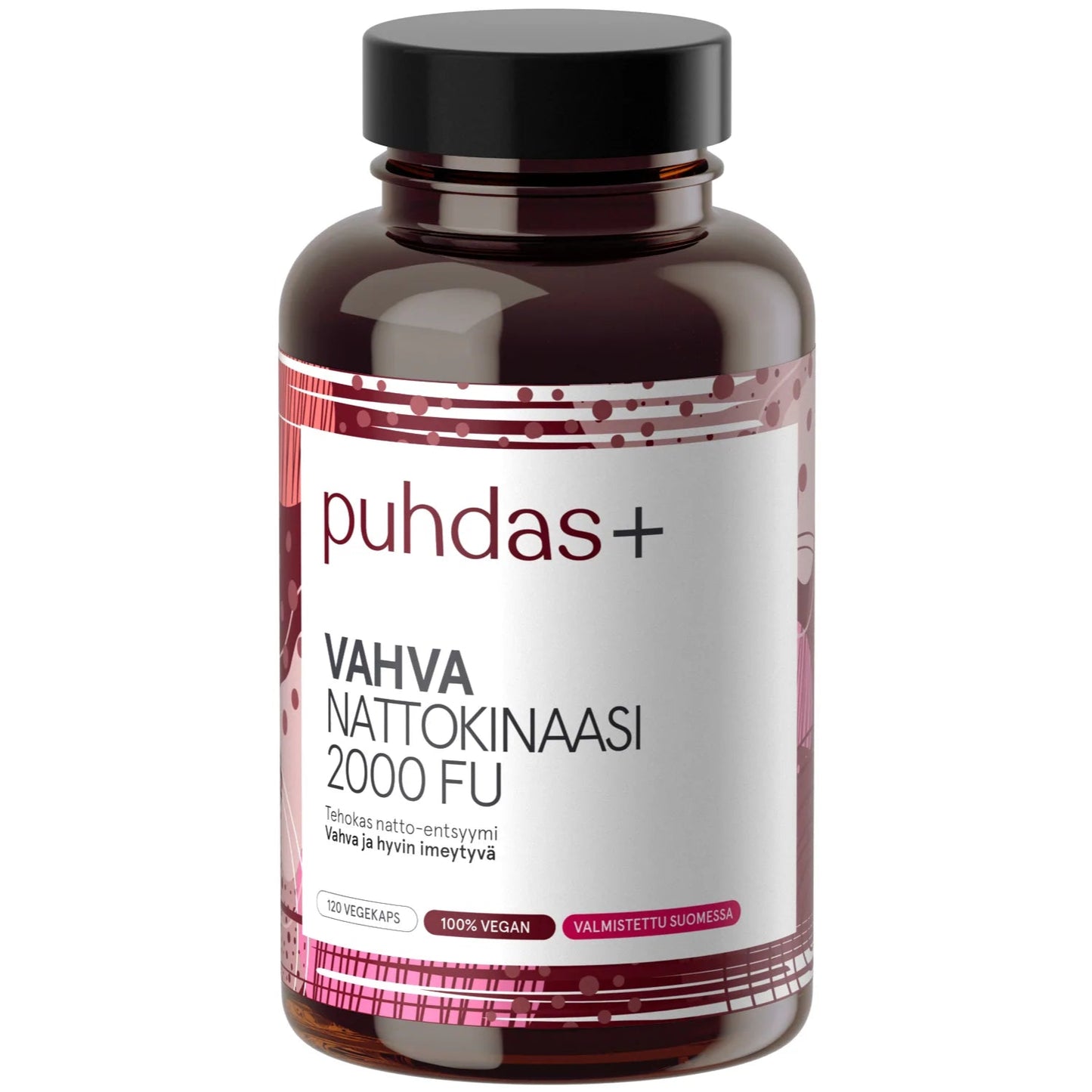 Puhdas+ Vahva Nattokinaasi; ruskea pullo tekstillä "Puhdas+ Vahva Nattokinaasi 2000 FU", valkois-vaaleanpunainen mattapintainen etiketti, luettavaa suomenkielistä tekstiä ja sana "nattokinaasi" lihavoituna; pullo lieriön muotoinen valkoisella kierrekorkilla, kuvattu pystyssä vaalealla taustalla; ei ihmisiä tai käsiä.