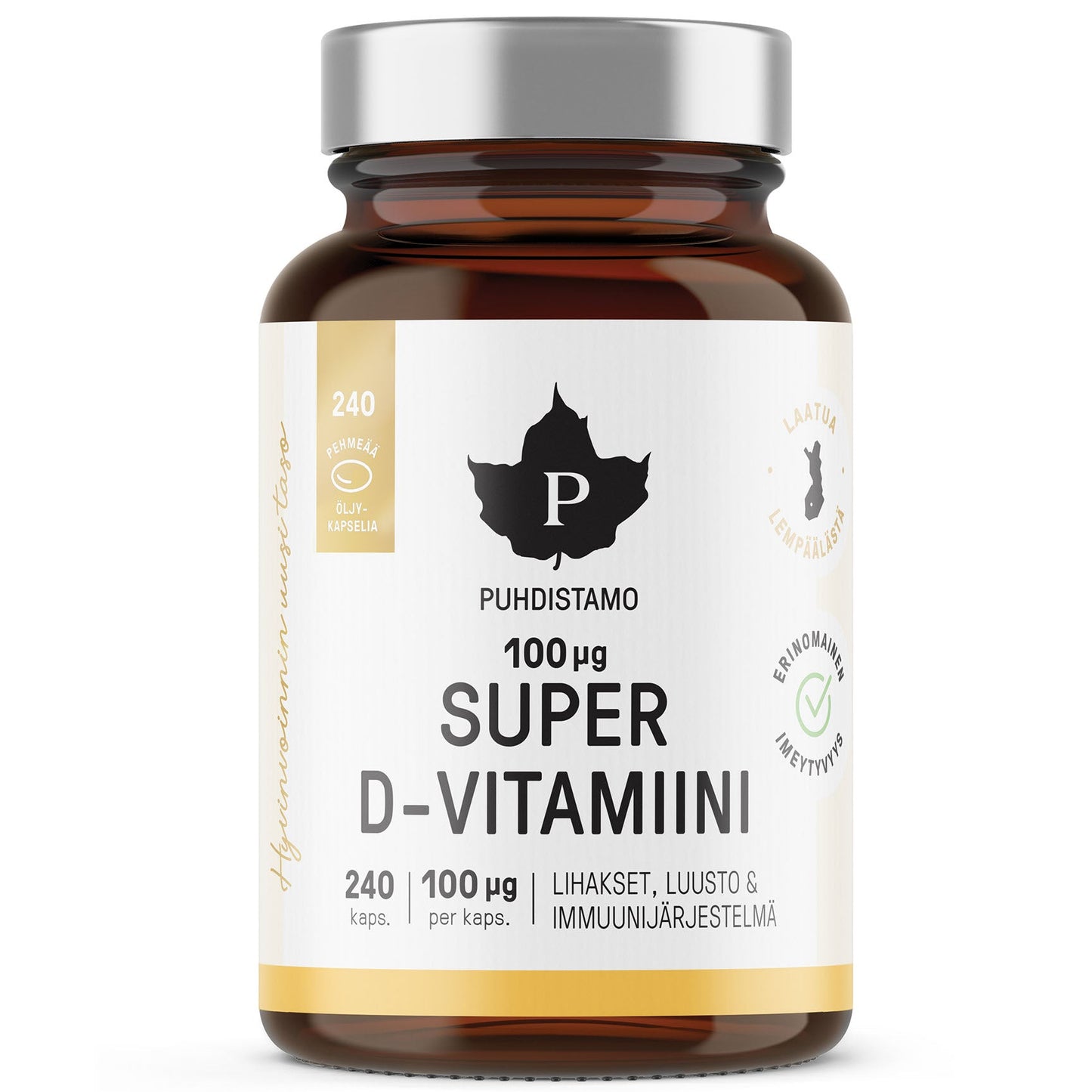 Puhdistamo Super D-vitamiini 100 mikrog -pullo, sisältää 240 kapselia, kukin 100 µg D-vitamiinia; teksti korostaa hyötyjä lihaksille, luustolle ja immuunijärjestelmälle; pakkauksessa laatu- ja lehtilogoja; pullo sylinterimäinen mattapinnalla ja mustalla kierrekorkilla; etiketissä lihavoitua tekstausvapaata typografiaa valkoisella pohjalla; ei ihmisiä tai käsiä kuvassa.