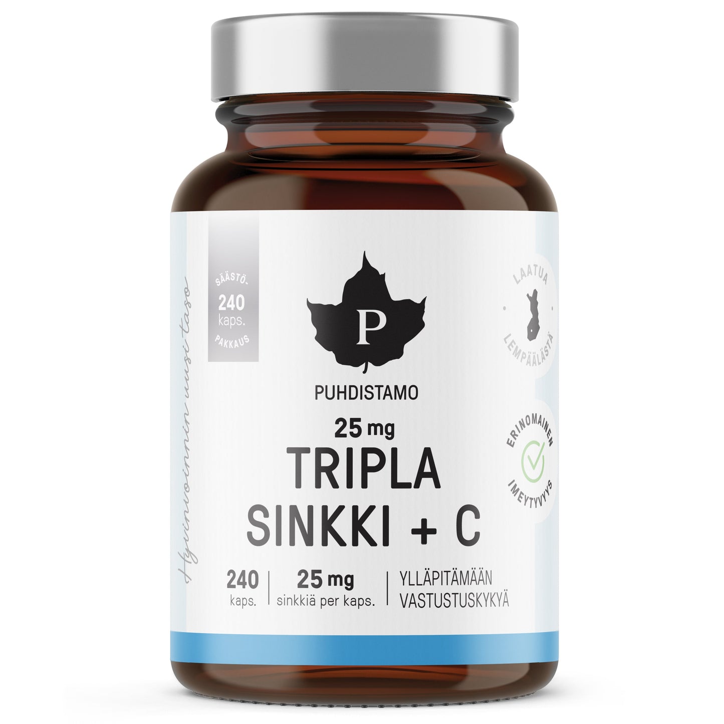 Puhdistamo Tripla Sinkki 25 mg -lasipullo, jossa lukee "Puhdistamo Tripla Sinkki + C 25 mg" ja 240 kapselia, edistäen tehostettua immuunipuolustusta; valkoisessa etiketissä mattapinta, siniset korostuslohkot, tyylitelty musta lehtilogo ja yksinkertaista tekstausvapaata tekstiä; pullo sylinterimäinen valkoisella muovikorkilla; kuvattu valkoista taustaa vasten, ei ihmisiä tai muita esineitä näkyvissä.