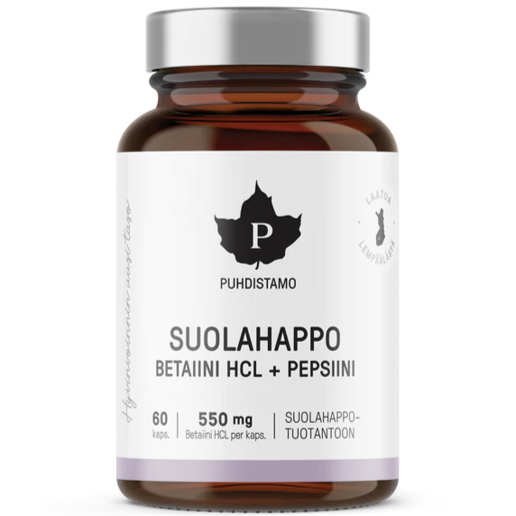 Puhdistamo Suolahappo -kapselipullo, 60 kapselia (550 mg betaiini-HCl:ää per kapseli); ruskea, sylinterimäinen ja mattapintainen lasipullo valkoisella etiketillä; mustaa ja harmaata tekstausvapaata tekstiä, teksti "Betaiini HCL + Pepsini"; kuvattu vaaleaa taustaa vasten, ei ihmisiä tai käsiä näkyvissä.