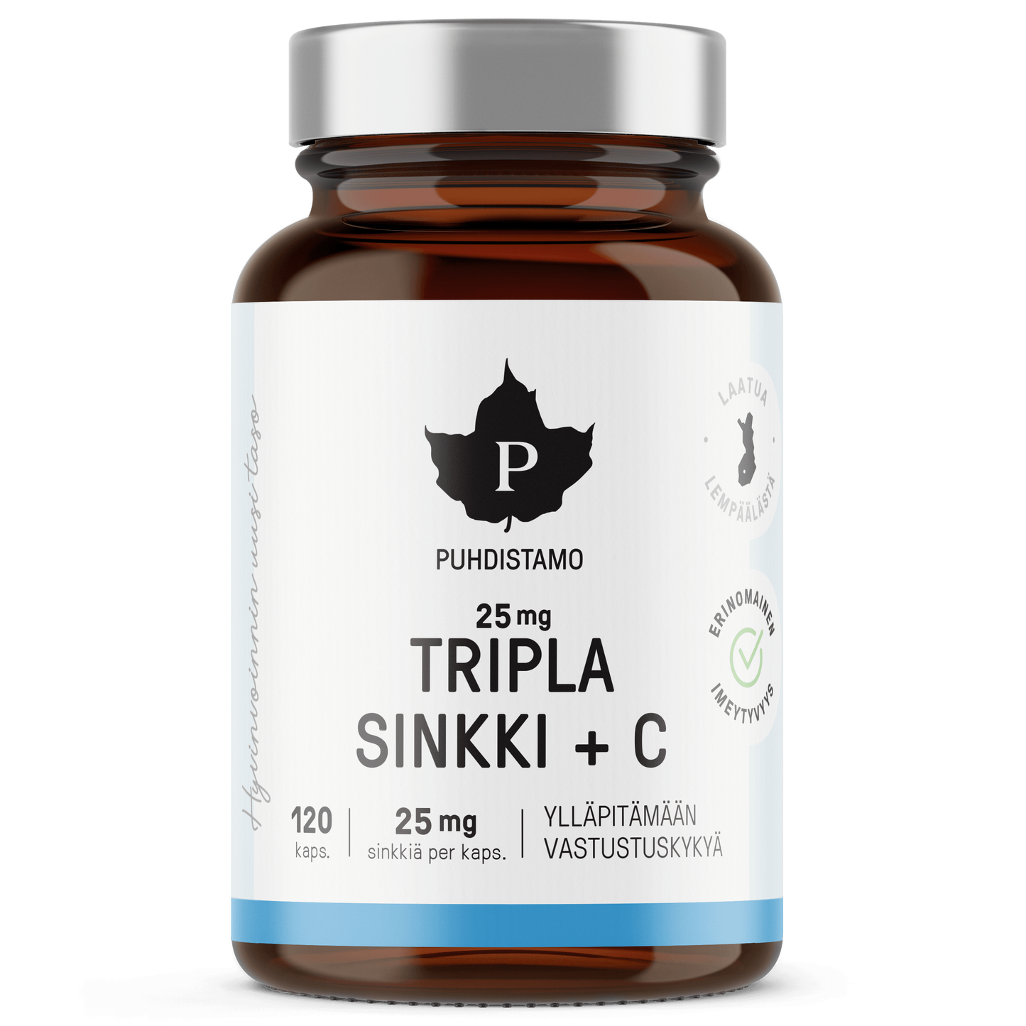 Puhdistamo Tripla Sinkki 25 mg -pullo; ruskea sylinterimäinen muovipullo kierrekorkilla, kiiltäväpintainen ja tyhjän näköinen; etiketti sininen ja valkoinen suomenkielisin tekstausvapain tekstein, yksinkertainen lehtilogo tuotenimen yläpuolella ja maininta "Puhdistamo Tripla Sinkki + C, 25 mg" sekä "120 kapselia"; pääravintoaineena mainittu sinkki; ei ihmisiä tai käsiä näkyvissä; tausta yksivärinen vaalea, suora tuotekuva edestä.