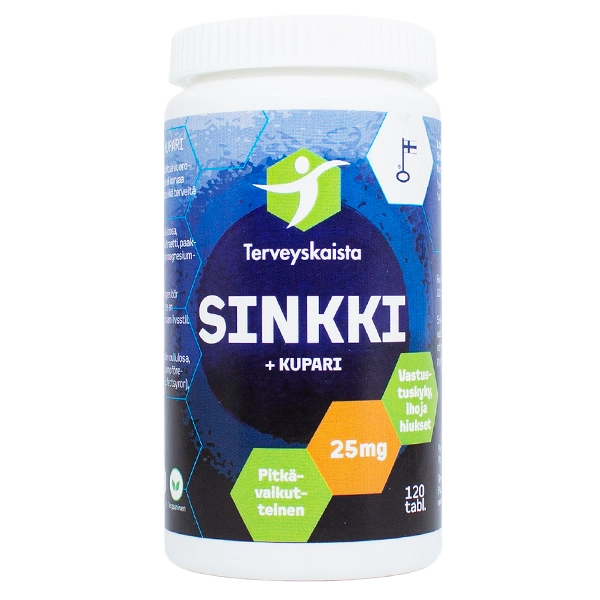Terveyskaista SINKKI + KUPARI 25 mg -pullo, valkoinen muovipullo sylinterimäisenä ja mattapintaisena, kierrekorkki; etiketissä sinisiä, vihreitä ja oransseja värilohkoja sekä lihavoitua tekstausvapaata typografiaa; ei ihmisiä tai käsiä näkyvissä; neutraali studiotausta; etiketissä ilmoitettu 120 tablettia suomeksi, sinkin ja kuparin yhdistelmä.