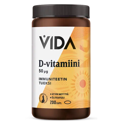 Vida D-vitamiini 50 mikrog; ruskea muovipullo mattapinnalla tekstillä "VIDA D-vitamiini 50 µg, IMMUNITEETIN TUEKSI", sisältää 200 kapselia; lieriömäinen pullo valkoisella kierrekorkilla; etiketissä selkeää groteskifonttia sekä keltaisia ja oransseja aurinkokuvituksia; suomenkielinen teksti mainitsee vastustuskyvyn tukemisen; vaalea tausta, tuote keskitettynä kuvaan.