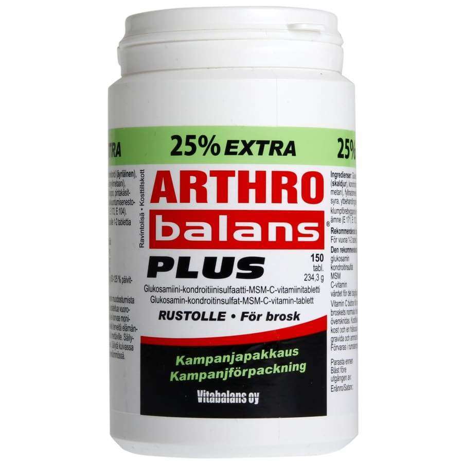 Vitabalans Arthrobalans Plus -pullo, valkoinen pullo vihreällä etiketillä, 25 % lisää tuotetta; glukosamiini, kondroitiini, MSM ja C-vitamiini