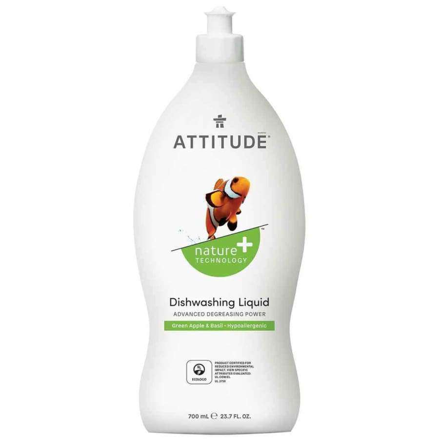 Attitude Astianpesuaine Vihreä omena & Basilika -pullo, 700 ml, valkoinen mattamuovi, pyöristetyt hartiat, kuva klovnikalasta etiketissä; teksti "hypoallergenic" ja "advanced degreasing power"