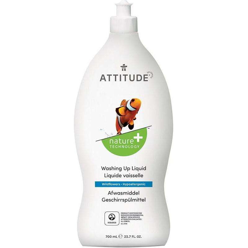 Attitude Astianpesuaine Wildflowers -pullo (Nature+ Technology), valkoinen mattamuovi, pyöristetyt hartiat, pumppuannostelija; klovnikalakuvitus, teksti englanniksi, ranskaksi ja hollanniksi, "wildflowers" ja "hypoallergenic"