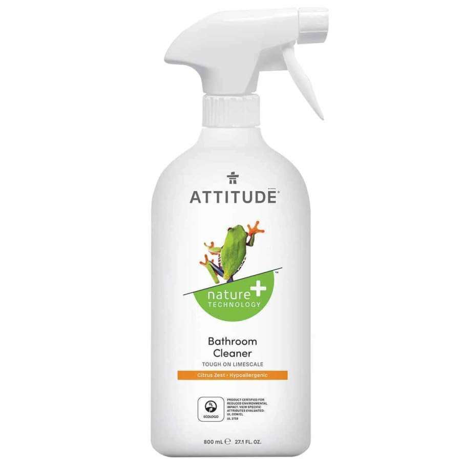 Attitude Kylpyhuonesuihke, valkoinen mattapintainen suihkepullo sammakkokuvalla; 800 ml, sitrusinen tuoksu, kalkinpoistoväite