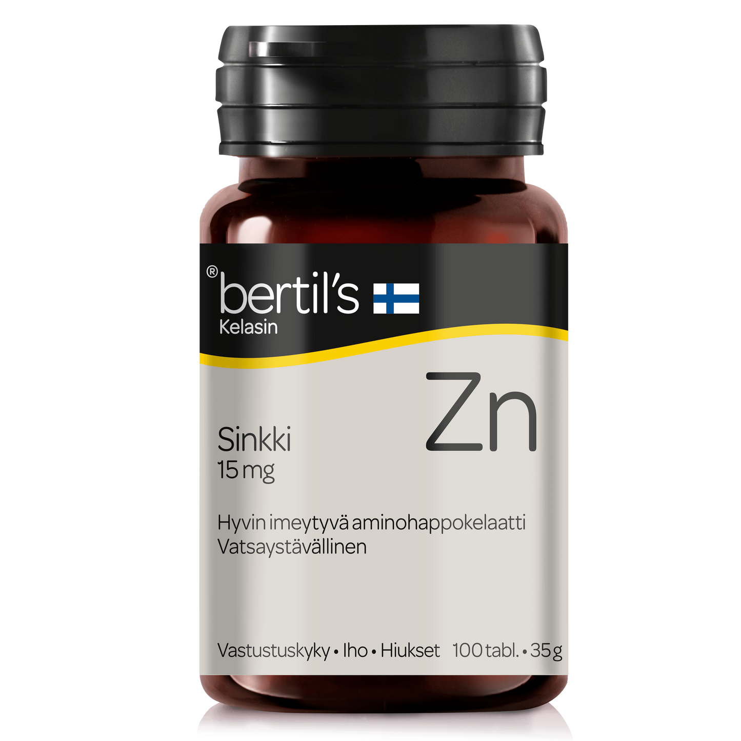 Bertils Kelasin Sinkki -pullo, 15 mg, 100 tablettia (35 g); ruskea, sylinterimäinen ja mattapintainen muovipullo valkoisella kierrekorkilla; pääosin valkoisessa etiketissä sinisiä ja oransseja korostuksia, suurta tekstausvapaata tekstiä "bertils Kelasin", pieni Suomen lipun kuvake sekä kemiallinen merkki Zn; teksti suomeksi; kuvattu yksiväristä taustaa vasten, ei ihmisiä tai käsiä näkyvissä.