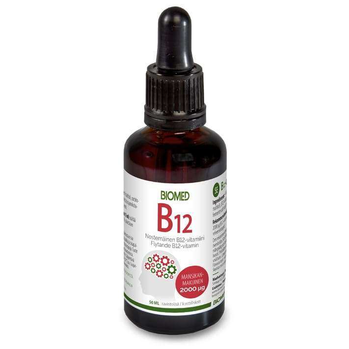 Biomed B12-vitamiinitipat 2000 mikrog -pullo, meripihkanvärinen lasi, musta tippakorkki; valkoinen etiketti groteskitekstillä, "2000 µg" ja "50 ml" näkyvissä