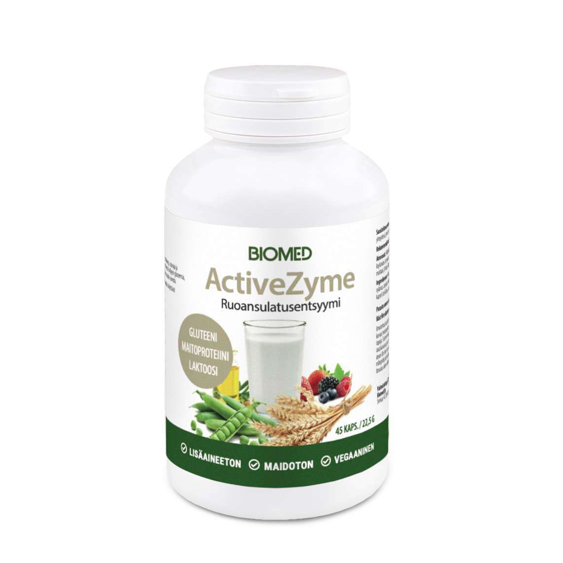 Biomed ActiveZyme -ruoansulatusentsyymi; valkoinen, lieriömäinen muovipullo mattapinnalla ja kierrekorkilla; etusivulla värikuvia herneistä, vehnästä ja maitolasista; etiketissä selkeää groteskitypografiaa, teksti ilmaisee laktoosittomuutta ja sopivuutta vegaaneille; vaalea tausta, ei ihmisiä tai käsiä.