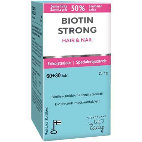 Biotin Strong Hair & Nail -pakkaus, suomeksi ja ruotsiksi, korostaa 50 % lisätablettia ja tarjousta, VitaBalans Lady -biotiini; suorakaiteen muotoinen mattapintainen rasia valkoisena ja violettina