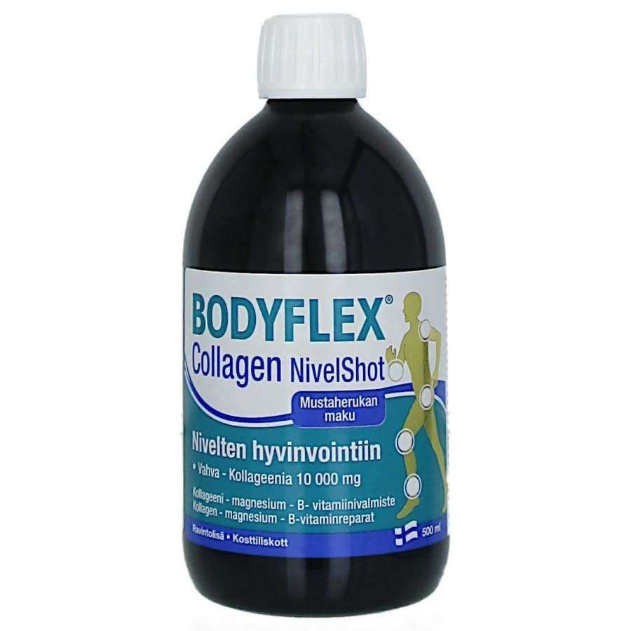 Bodyflex Collagen NivelShot -pullo, 500 ml; musta kierrekorkki; sylinterimäinen, kiiltävän valkoinen pullo; etiketti pääosin valkoinen ja sininen, lihavoitu tekstausvapaa kirjasin, suomenkielinen teksti; etiketissä tyylitelty ihmishahmon ääriviiva, jossa nivelkohdat merkitty värillisillä alueilla; kuvattu yksiväristä taustaa vasten, ei ihmisiä tai käsiä näkyvissä.