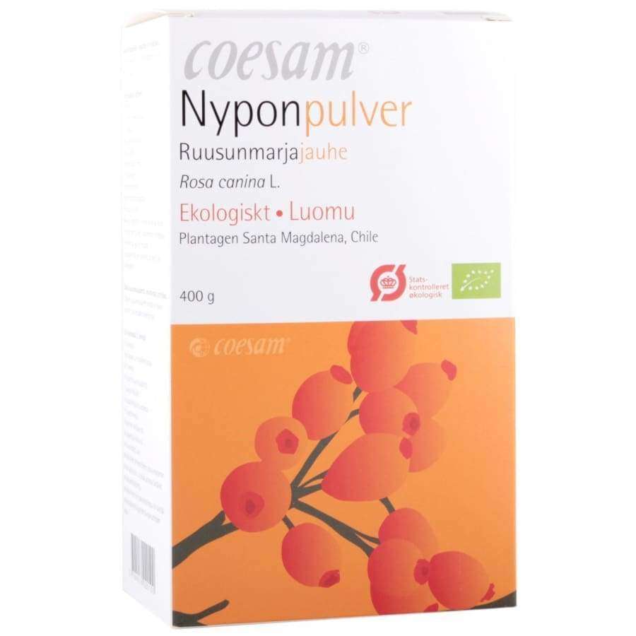 Coesam Nyponpulver (Luomu Ruusunmarjajauhe) -pakkaus, eloisia oranssinvärisiä ruusunmarjakuvia, monikielinen teksti valkoisella ja oranssilla pohjalla; mattapintainen rasia