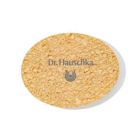 Dr. Hauschka Puhdistussieni; pyöreä, tekstuurinen kasvojenpuhdistussieni tekstillä "Dr. Hauschka" -logolla, esillä valkoista taustaa vasten; sieni vaaleankeltainen epätasaisella, huokoisella pinnalla, ei näkyvää pakkausta; logo painettu yksinkertaisella, ohuella groteskitypografialla sienen reunaan; tuote kuvattu yksin, ei ihmisiä tai muita esineitä näkyvissä.