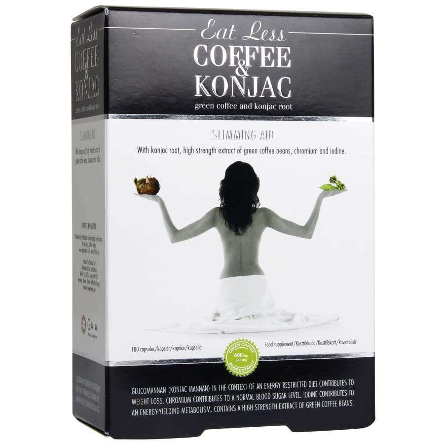 Eat Less Coffee & Konjac -pakkaus, valkoinen-vihreä mattapinta, lihavoitu groteskiteksti; mustavalkoinen kuva naisesta pitämässä vihreää omenaa ja hampurilaista, viherkahviuutetta ja konjac-juurta mainittu ainesosina