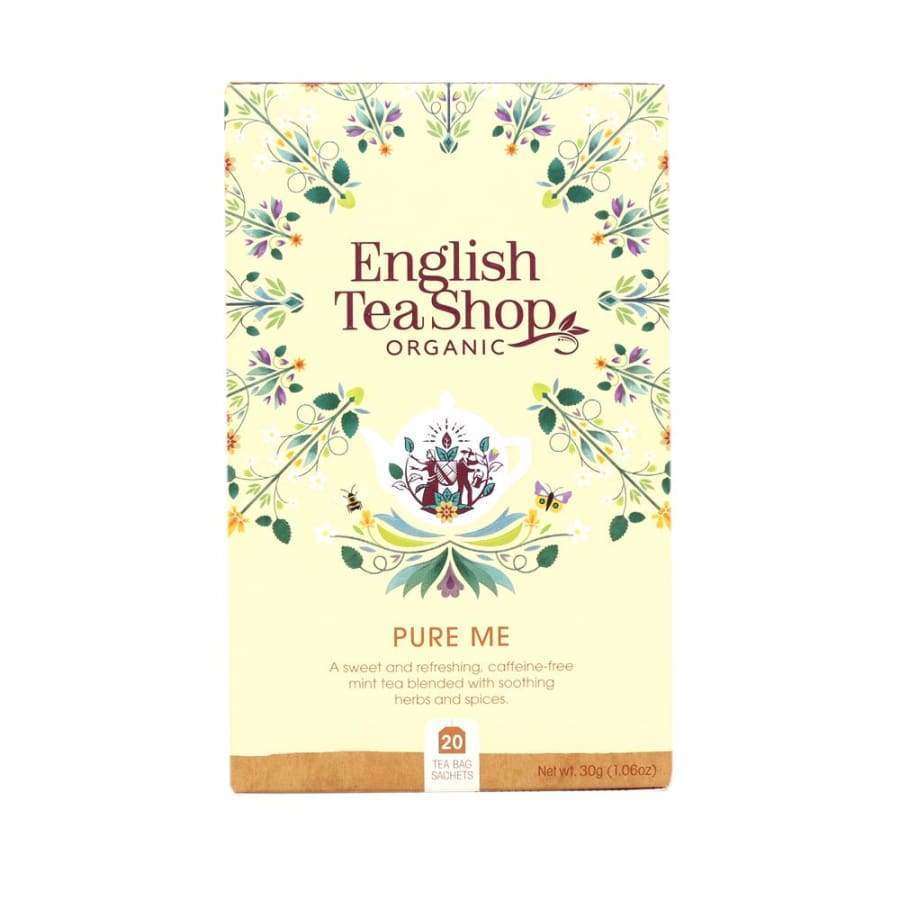 English Tea Shop Organic Pure Me -tee, kofeiiniton piparminttusekoitus yrteillä ja mausteilla; suorakulmainen, mattapintainen pahvipakkaus, kukkakuvioin koristeltu, pääväri turkoosi monivärisin kukkakuvituksin; luettavissa maininta 20 teepussista ja painosta 30 g (1,06 oz); ei ihmisiä tai käsiä; tuote kuvattu vaalealla taustalla.