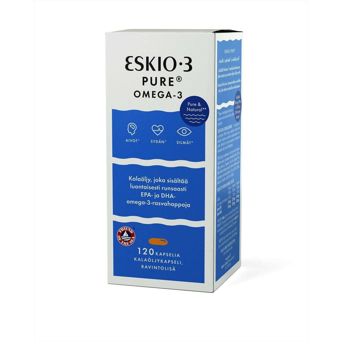 Eskio-3 Pure Kalaöljykapseli, 120 kapselia; valkoinen ja sininen pakkaus, kuvakkeina aivot, sydän ja silmät; suomenkielinen teksti; suorakulmainen pahvipakkaus mattapintaisena; lihavoitu groteskikirjasin pääetiketissä; ei ihmisiä tai käsiä; neutraali tausta.