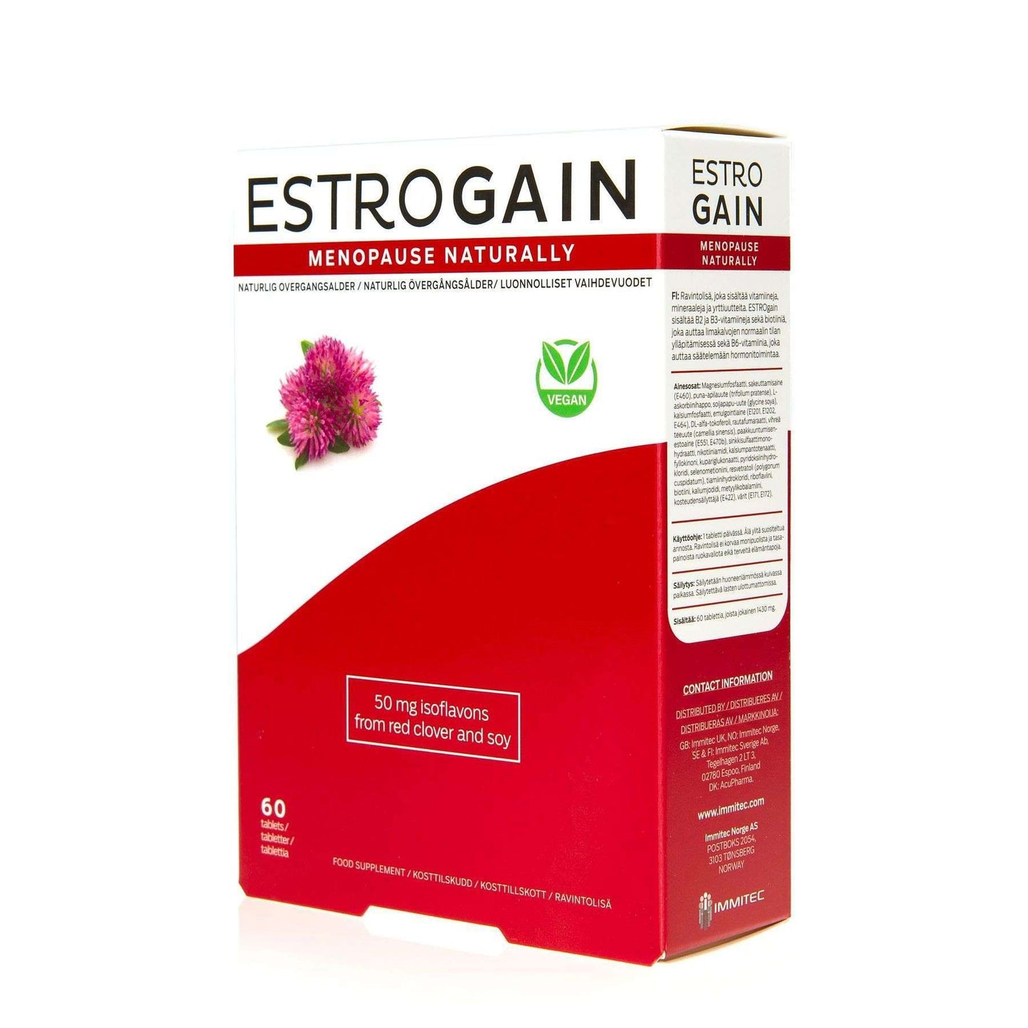 Estrogain-vaihdevuosipakkaus, kiiltäväpintainen, punaapilankukkakuva, vegaanimerkki; 50 mg isoflavoneja puna-apilasta ja soijasta, 60 vegaanista kapselia, lihavoitu groteskiteksti