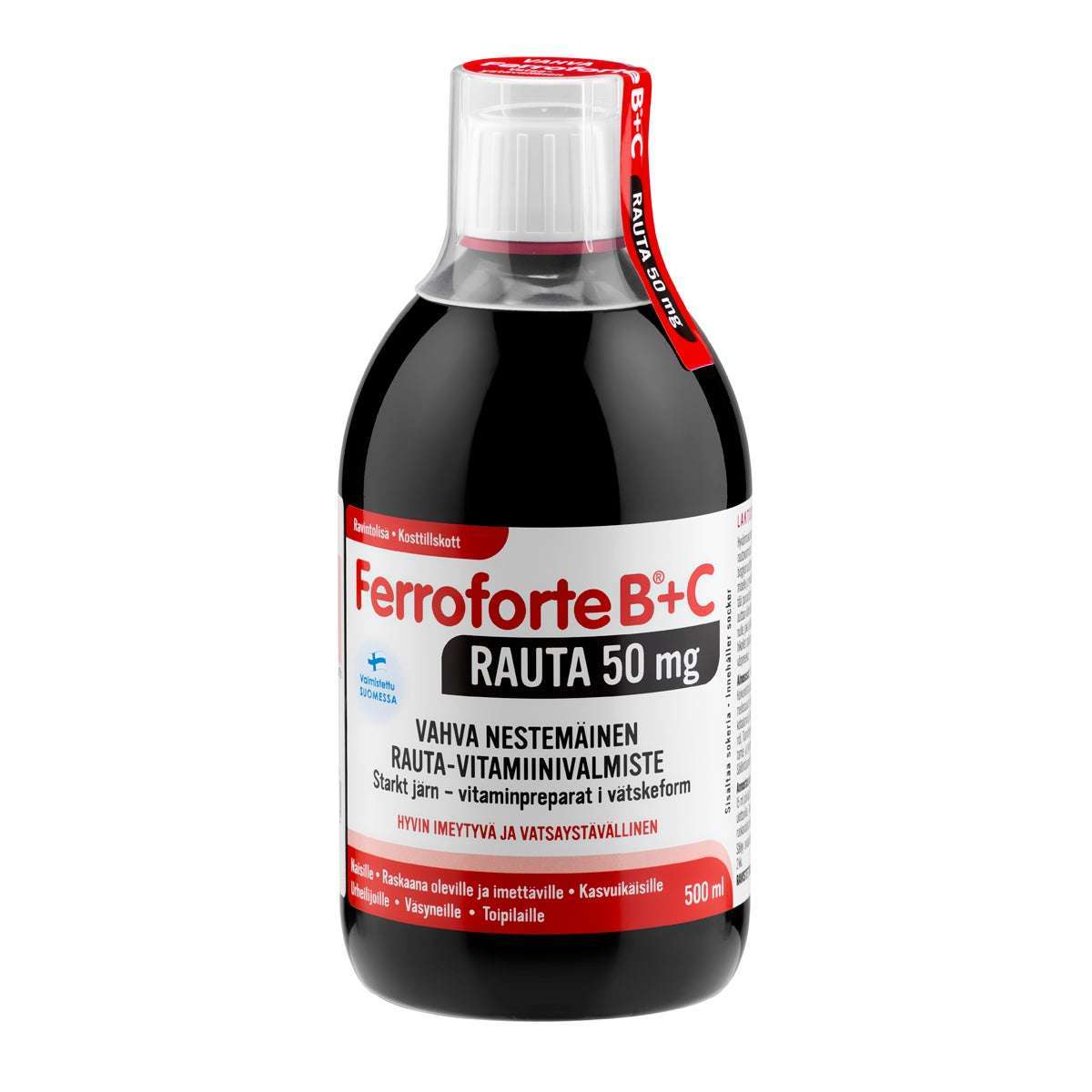 Ferroforte B + C Rauta 50 mg; 500 ml:n muovipullo nestemäistä rautavalmistetta, sylinterinmuotoinen ja kiiltäväpintainen kirkkaalla korkilla; etiketti valkoinen ja punainen groteskikirjasimella, teksti suomeksi ja ruotsiksi kietoutuu pullon ympärille; pullo pystyssä vaalealla taustalla, ei ihmisiä tai käsiä kuvassa.