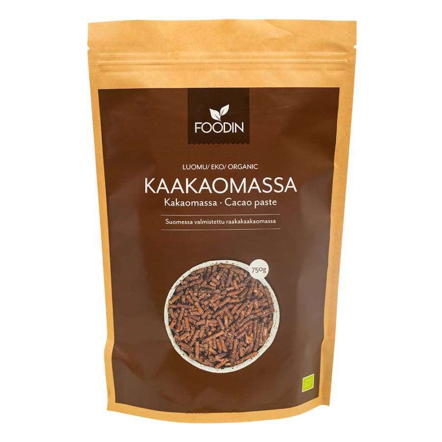 Foodin Luomu Kaakaomassa -pussi, 750 g, kuva kaakaomassapaloista; mattapintainen ruskea pussi, valkoinen-tummanruskea groteskiteksti, suomenkielinen luomu-teksti