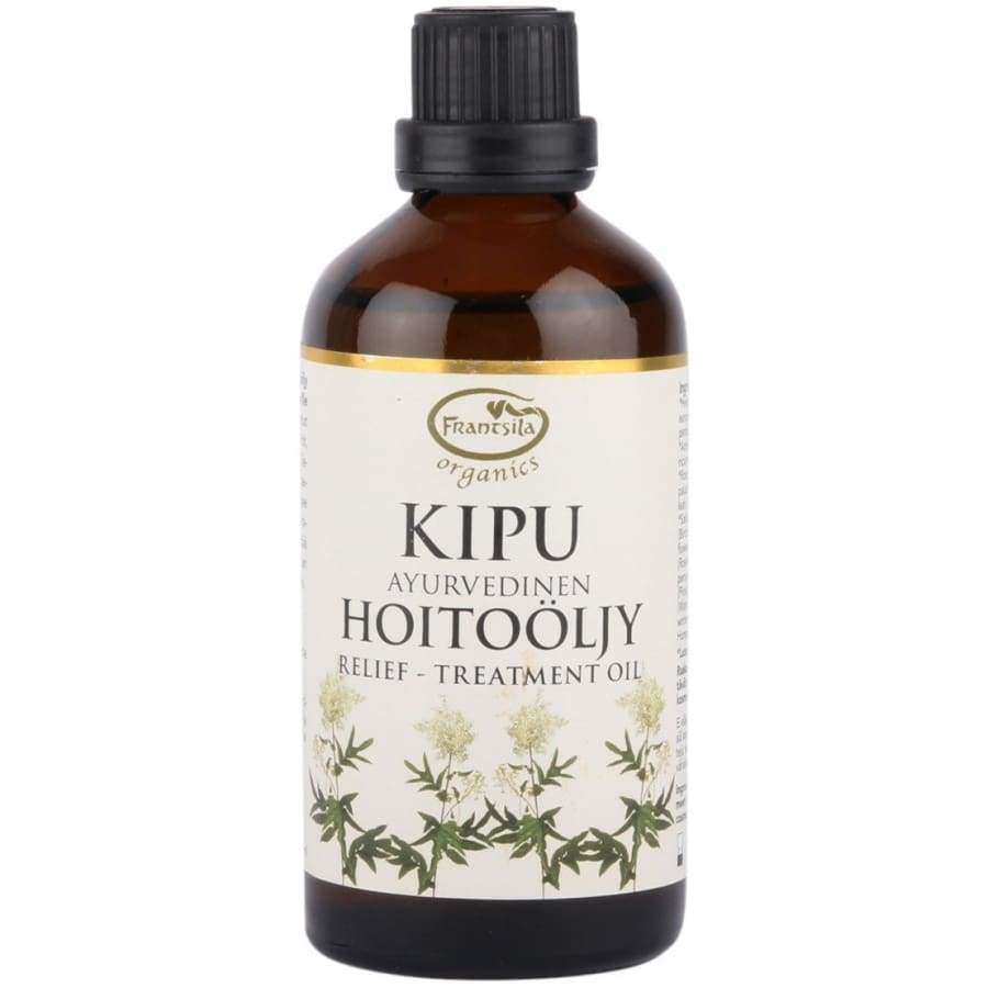 Frantsila Organics Kipu Ayurvedinen Hoitoöljy -pullo, ruskea lasi, mattapinta, valkoinen-vihreä kukkakuvioitu etiketti lihavoidulla serif- ja groteskitekstillä