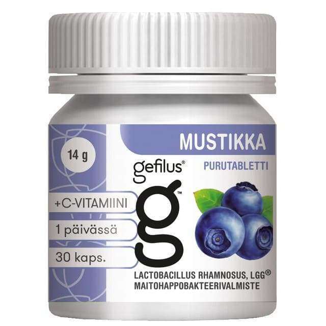 Gefilus Mustikka -purutablettipullo, valkoinen muovipullo mattapinnalla, sylinterimäinen muoto; korkki myös valkoinen; etusivun etiketissä mustikkakuvia sekä lihavoitua ja tavallista suomenkielistä tekstiä C-vitamiinista ja lactobacillus rhamnosus LGG -probiooteista; tausta valkoinen, ei muita esineitä tai ihmisiä näkyvissä kuvassa.