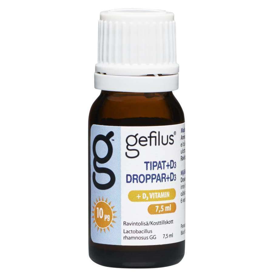 gefilus TIPAT+D3 DROPPAR+D3 -pullo, pieni ruskea pullo valkoisella korkilla, sisältää 7,5 ml Lactobacillus rhamnosus GG- ja D-vitamiiniravintolisää; pullo sylinterimäinen mattapinnalla, valkoista ja turkoosinsinistä kirjasinta selkeällä tekstausvapaalla fontilla, ei näkyvää tekstuuria; tausta valkoinen; tuote yksin kuvassa.