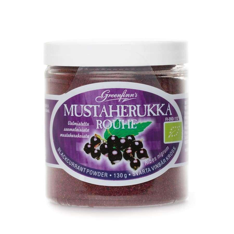 Greenfinn's Luomu Mustaherukkarouhe läpinäkyvässä muovipurkissa; mattapintainen etiketti mustaherukkakuvilla ja luomumerkillä