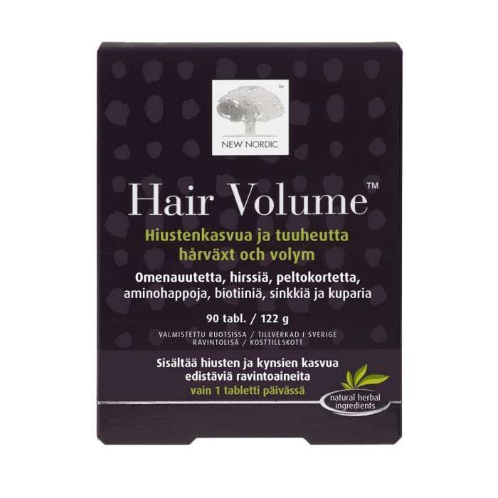 New Nordic Hair Volume -pakkaus, tummanvioletti rasia vihreällä lehtilogolla; 90 tablettia, sisältää sinkkiä ja kuparia, teksti suomeksi ja ruotsiksi