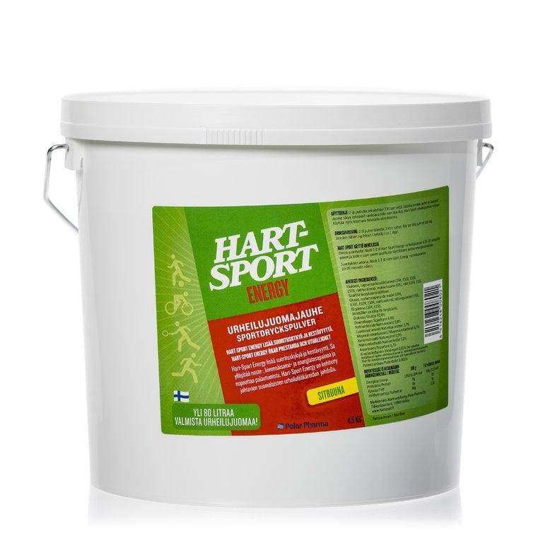 Hart-Sport Urheilujuomajauhe Sitruuna; valkoinen muovipurkki tekstillä "Hartsport Energy" urheilujuomajauhetta, vihreä-punainen ympärikietoutuva etiketti suomenkielisin tekstein, lyhyttä ravintotietoa ja mainintoja elektrolyyteistä; astiassa kahvat molemmilla puolilla; etikettifontti lihavoitu groteski; pinta mattainen; kuvassa yhtenäinen valkoinen tausta, ei ihmisiä tai käsiä.