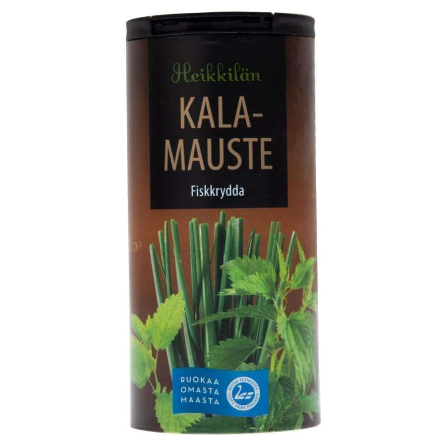 Heikkilän Kala-Mauste -purkki, vihreiden yrttien kuva, teksti suomeksi ja ruotsiksi; muovinen mattapintainen purkki kierrekorkilla, etiketti pääosin valkoinen vihrein elementein, lihavoitu groteskiteksti