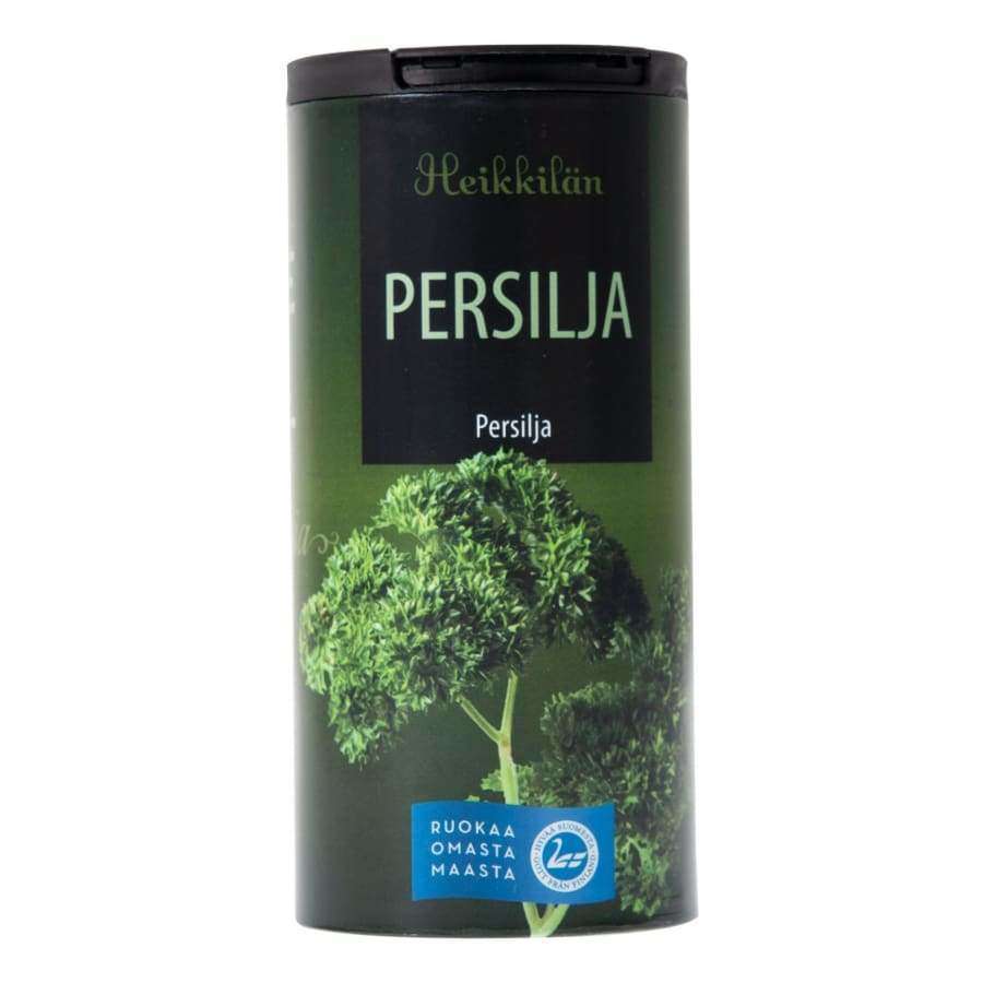 Heikkilän Persilja-purkki, tuoreen persiljan kuva; sylinterinmuotoinen mauste-purkki kiiltäväpintaisella etiketillä, vihreä-valkoinen värimaailma, lihavoitu groteskiteksti "PERSILJA"