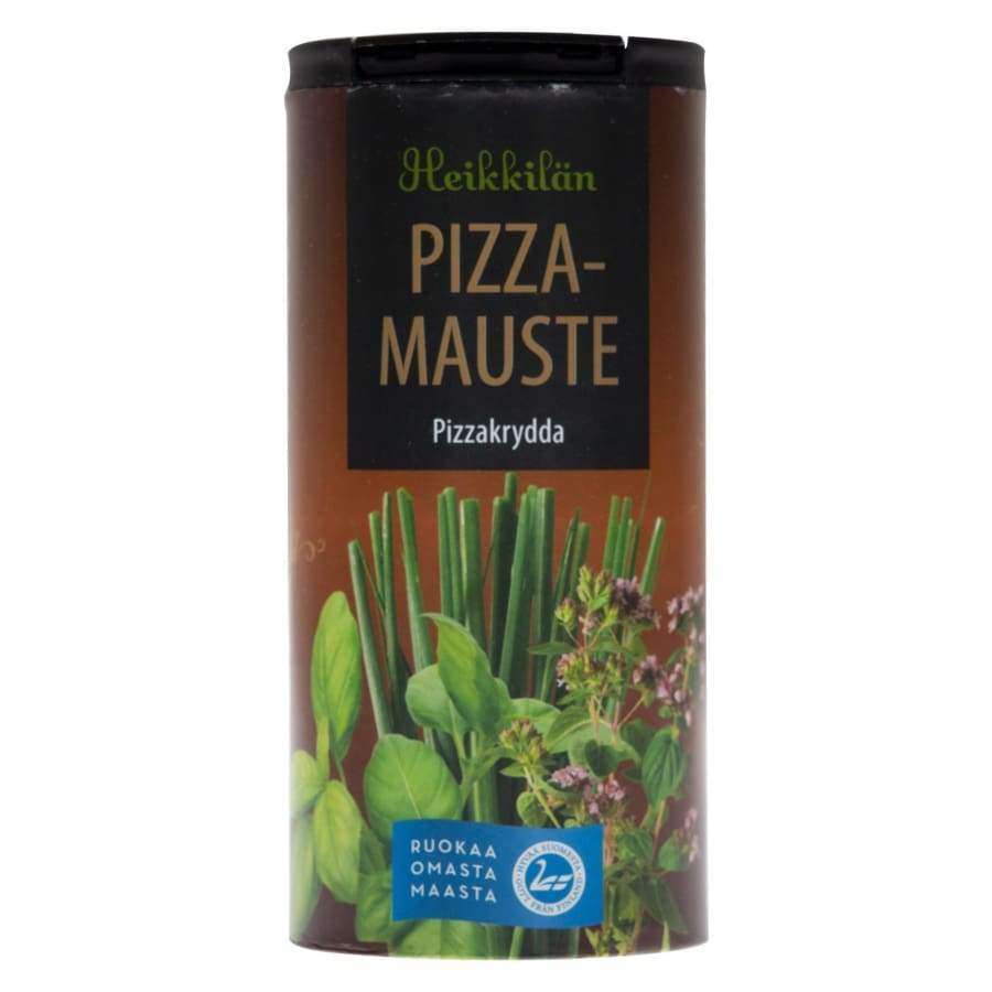 Heikkilän Pizzamauste -purkki, basilikan ja oreganon kuvia etiketissä, teksti suomeksi ja ruotsiksi; sylinterinmuotoinen muovipurkki vihreällä kannella, kiiltävä painettu paperietiketti groteskitekstillä