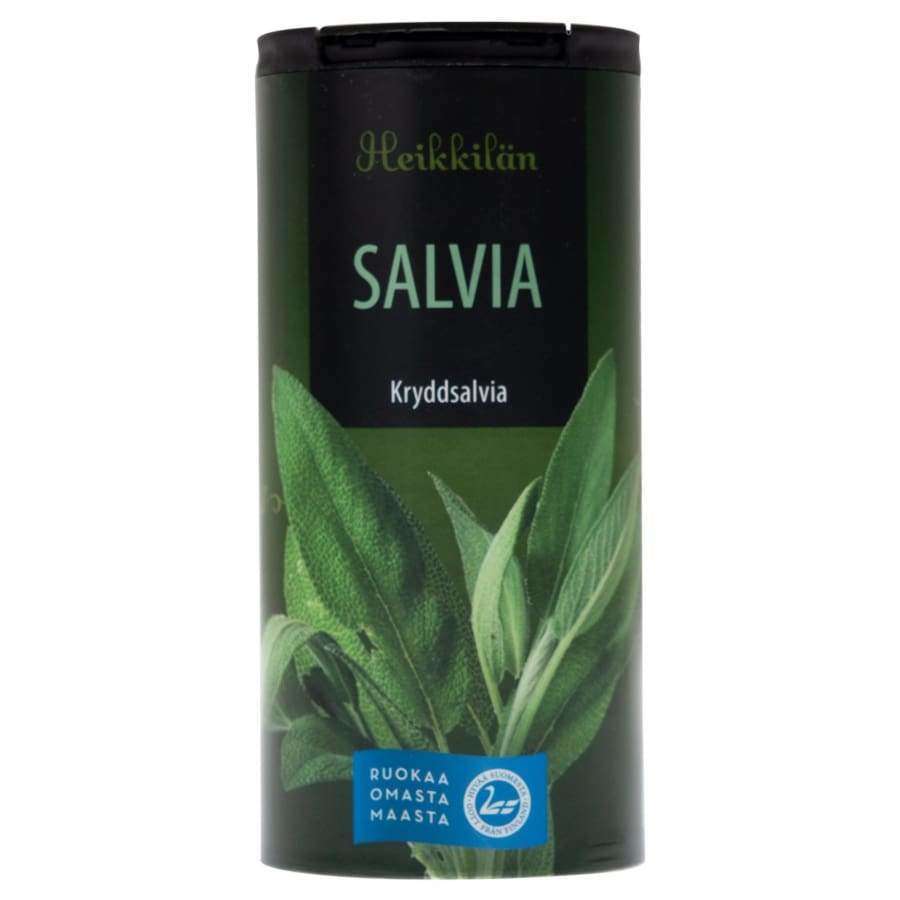Heikkilän Salvia (Kryddsalvia) -purkki, salvianlehtien kuva; vihreä sylinterinmuotoinen mattapintainen muovipurkki, suomenkielinen teksti yksinkertaisella groteskifontilla