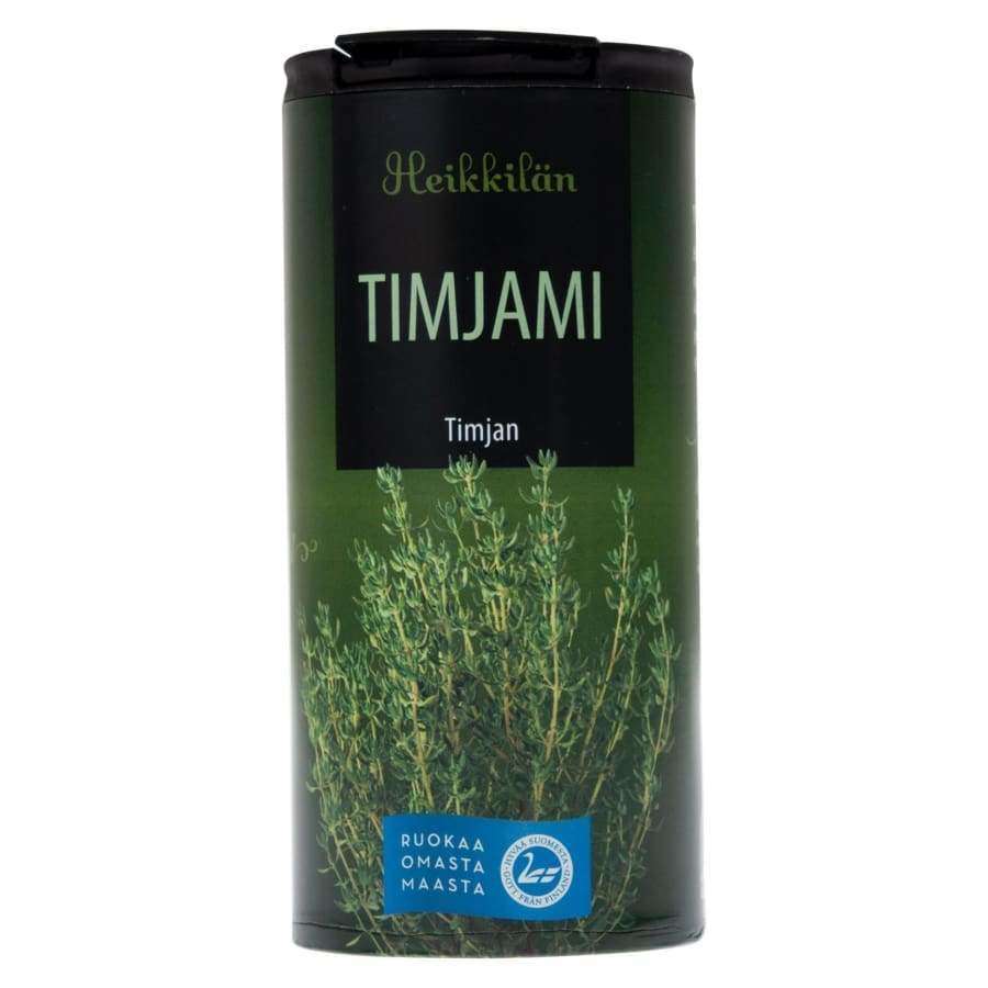 Heikkilän Timjami-purkki, tuoreen timjamin kuva; sylinterinmuotoinen mattapintainen purkki, etiketti valtaosin vihreä-valkoinen, lihavoitu groteskiteksti brändille ja tuotenimelle