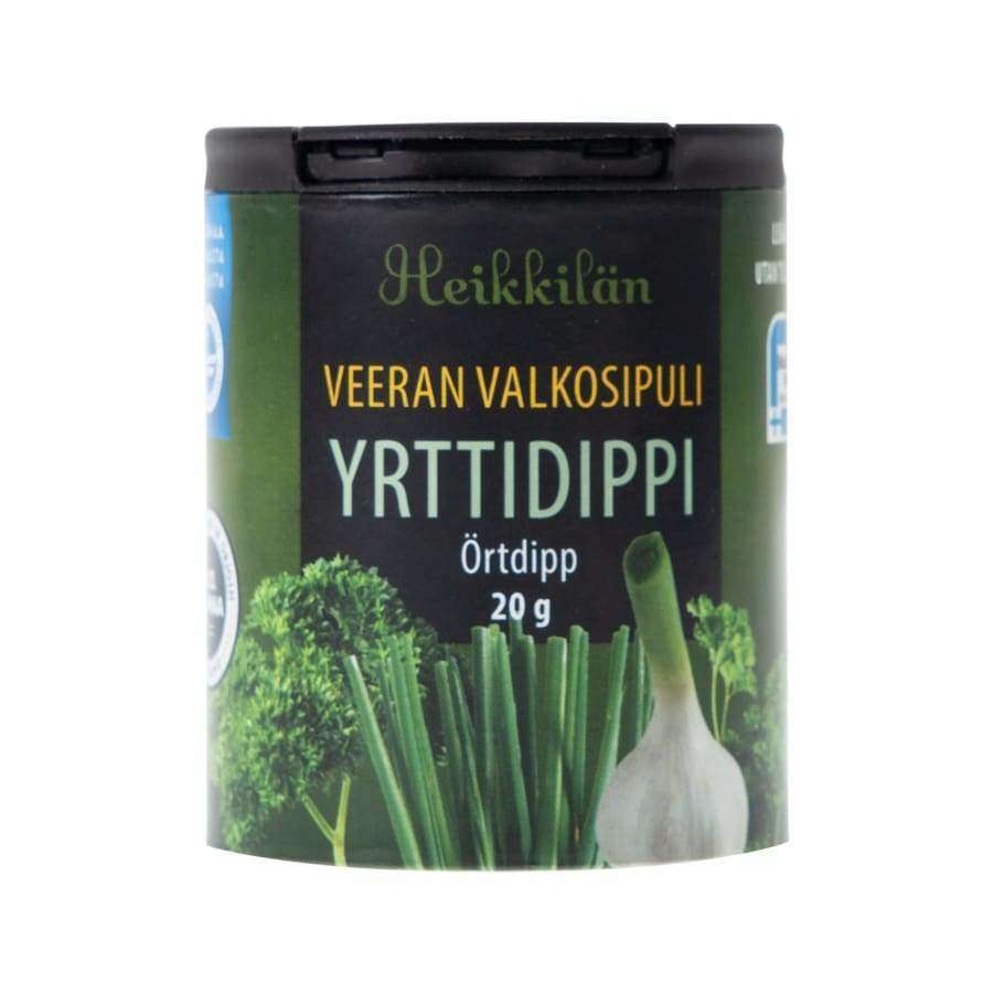Heikkilän Veeran Valkosipuli Yrttidippi -purkki, 20 g, tuoreiden yrttien ja valkosipulin kuvia; pieni pyöreä valkoinen muovipurkki kannen kanssa, tummanvihreä-musta groteskiteksti, mattapinta