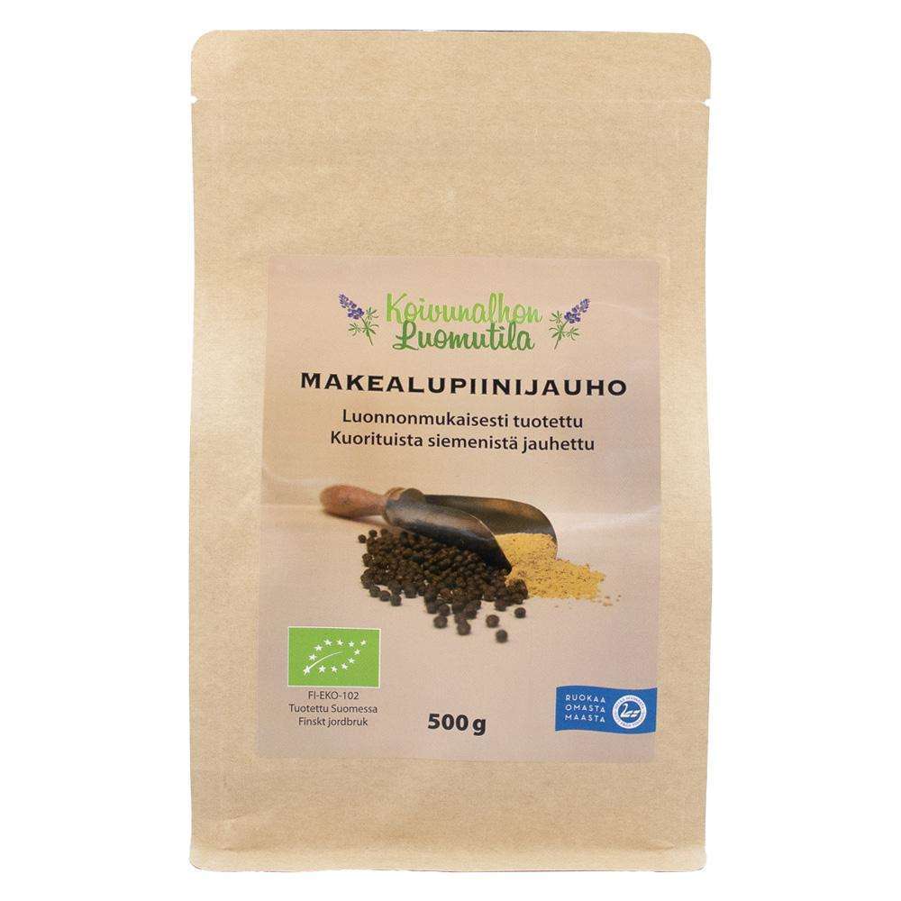 Koivunalho Luomu Lupiinijauho; 500 g ruskea paperipakkaus tekstillä "Makealupiinijauho", suomenkielinen teksti, kuva lupiininsiemenistä ja luomusertifiointimerkintöjä korostaen suomalaista alkuperää; pakkaus mattapintainen, suorakulmainen, lohkomaista groteskitypografiaa pääetiketissä; suoraviivainen tuotekuva vaalealla taustalla, ei ihmisiä tai käsiä.