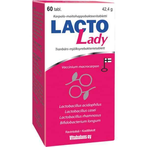 Vitabalans Lacto Lady -maitohappobakteeritabletit, pinkki-valkoinen rasia, 60 tablettia (42,4 g), karpalo- ja bakteerikuvitus