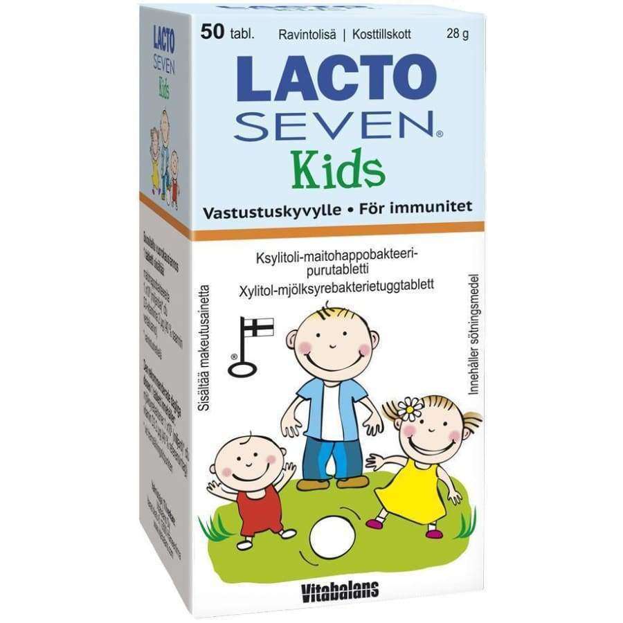 Lacto Seven Kids Maitohappobakteeri -pakkaus, piirroskuva kolmesta hymyilevästä ulkoilevasta lapsesta, teksti suomeksi ja ruotsiksi immuniteetista ja ainesosista; valkoinen-sininen pahvirasia, mattapinta