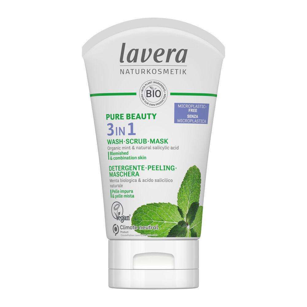 Lavera Pure Beauty 3-in-1 -tuote, pesu, kuorinta ja naamio epäpuhtaalle ja yhdistelmäiholle; valkoinen muovituubi pehmeän mattapintaisena, pystysuora soikea muoto, läppäkorkki; etiketissä mintunlehtiä ja hentoja kasviaiheita valkoisella taustalla, teksti mustalla ja vihreällä groteskikirjasimella; kuvattu valkoisella taustalla ilman ihmisiä tai käsiä.