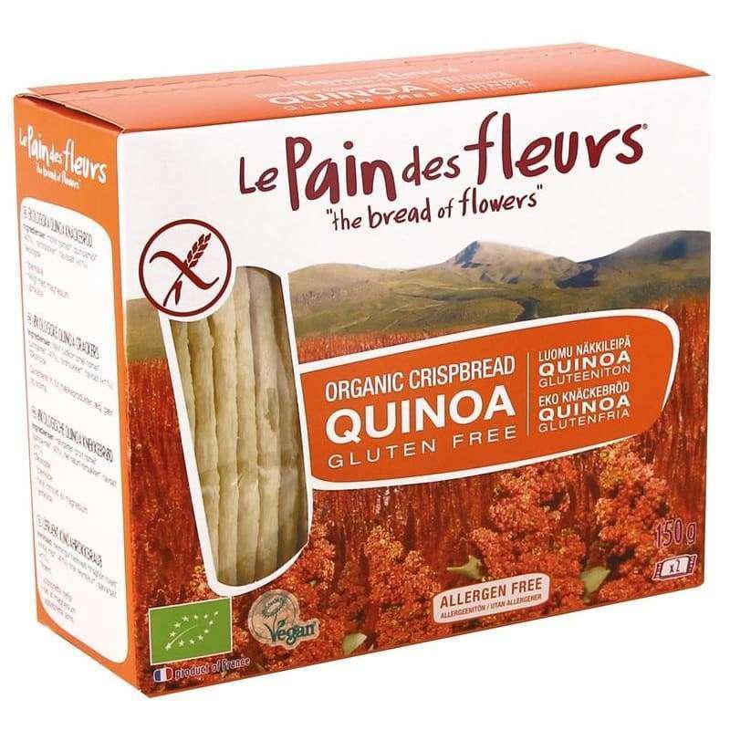 Le Pain des Fleurs Luomu Gluteeniton Näkkileipä Quinoa; rasia tekstillä "Le Pain des fleurs" luomukvinoanäkkileipää, gluteenitonta, 150 g; suorakulmainen rasia mattapinnalla, pääosin valkoinen ruskein ja vihrein korostuksin; etuosassa tyylitelty vuoristomaisemakuvitus, selkeä valokuva näkkileivästä lähellä oikeaa reunaa sekä monikielistä tekstiä lihavoiduin groteskikirjaimin; ei ihmisiä tai käsiä; neutraali tausta, studiokuvausasetelma. Pakkaus sisältää tuotetietoja useilla kielillä.