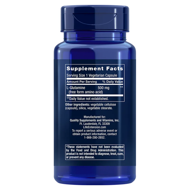 Life Extension L-Glutamine; sininen, lieriön muotoinen muovipullo valkoisella mattapintaisella etiketillä L-glutamiinikapseleille 500 mg; musta groteski- ja antiikvateksti listaa ravintosisällön, valmistajan (Quality Supplements and Vitamins, Inc.) ja ainesosat kuten kasviselluloosan ja magnesiumstearaatin; pystyssä neutraalilla taustalla, ei ihmisiä tai käsiä.