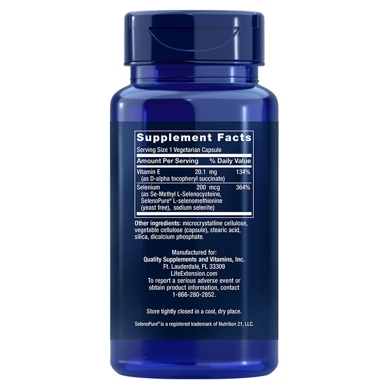 Life Extension Super Selenium Complex & Vitamin E; sininen, kiiltäväpintainen muovipurkki pystyasennossa; etiketissä mustaa groteskitekstiä, ravintosisältötiedot E-vitamiinista ja seleenistä, ainesosat, valmistustiedot ja säilytysohjeet; valkoinen tausta.