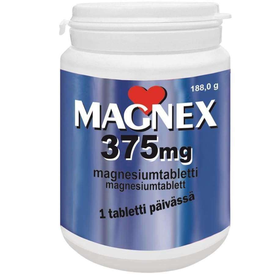 Magnex 375 mg -pullo, valkoinen mattamuovi, punainen sydänkuvake brändinimen yläpuolella, sininen tausta; groteskiteksti annostustiedoista, lihavoitu ja tavallinen kirjasinleikkaus