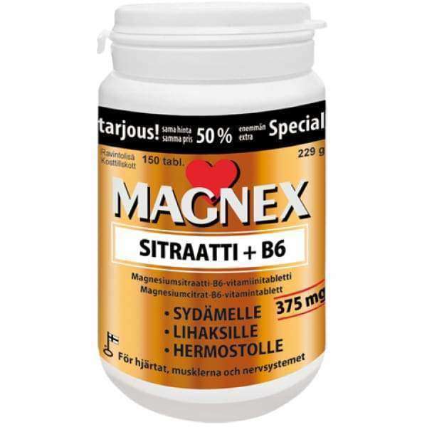 Magnex Sitraatti + B6-vitamiini -purkki, suomenkielinen teksti, sydänkuvake ja annostustiedot; sylinterinmuotoinen valkoinen muovipurkki, sininen etiketti metallisin korostuksin, groteskiteksti, sydämen, lihasten ja hermoston tuki B6:n kera